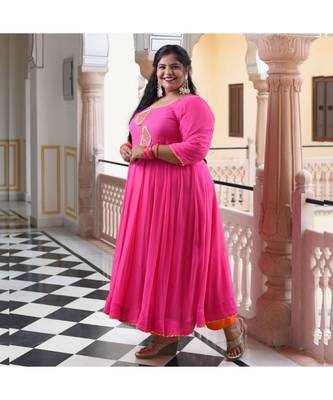 Dark Pink Pure Georgette Gota Anarkali With Leheriya Dupatta & Pants 3