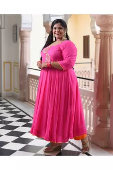 Dark Pink Pure Georgette Gota Anarkali With Leheriya Dupatta & Pants
