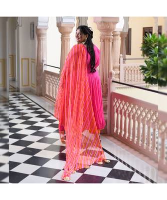 Dark Pink Pure Georgette Gota Anarkali With Leheriya Dupatta & Pants 4
