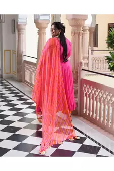 Dark Pink Pure Georgette Gota Anarkali With Leheriya Dupatta & Pants