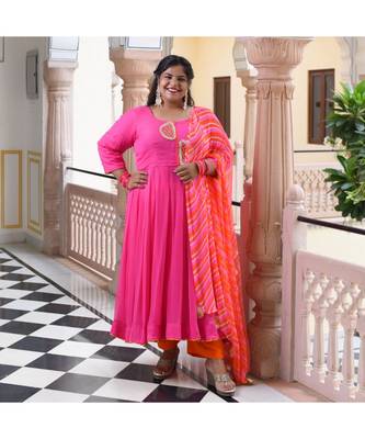 Dark Pink Pure Georgette Gota Anarkali With Leheriya Dupatta & Pants 5