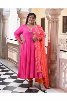Dark Pink Pure Georgette Gota Anarkali With Leheriya Dupatta & Pants