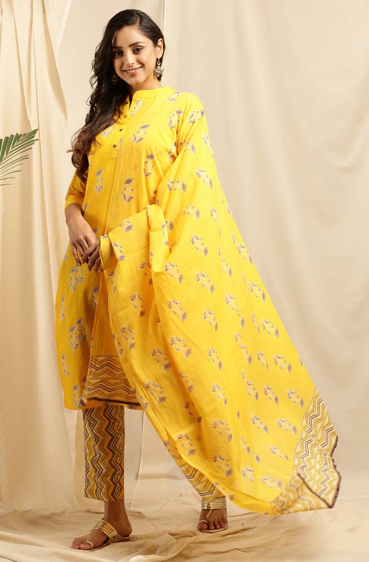 Janasya Yellow floral print cotton salwar