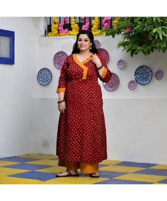 Merlot Red Bandhani Bahar Mirror Work Aline Slit Kurta 1