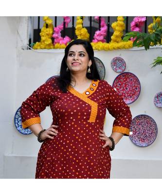 Merlot Red Bandhani Bahar Mirror Work Aline Slit Kurta 2