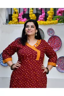 Merlot Red Bandhani Bahar Mirror Work Aline Slit Kurta
