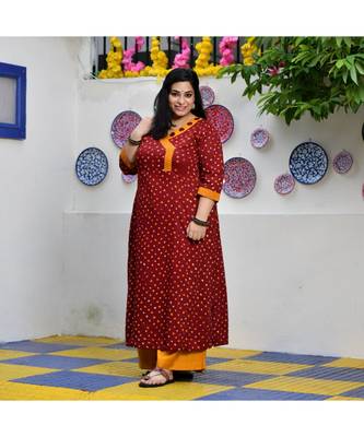Merlot Red Bandhani Bahar Mirror Work Aline Slit Kurta 3