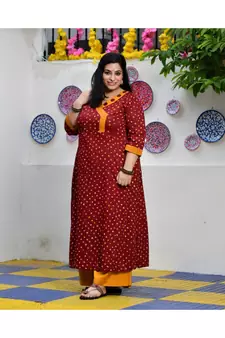 Merlot Red Bandhani Bahar Mirror Work Aline Slit Kurta