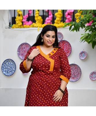 Merlot Red Bandhani Bahar Mirror Work Aline Slit Kurta 4