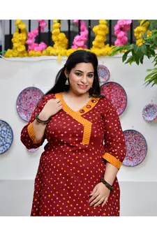 Merlot Red Bandhani Bahar Mirror Work Aline Slit Kurta