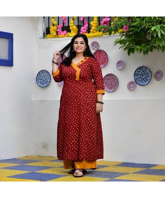 Merlot Red Bandhani Bahar Mirror Work Aline Slit Kurta 5