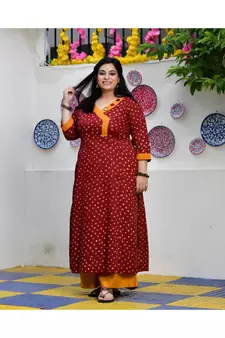 Merlot Red Bandhani Bahar Mirror Work Aline Slit Kurta