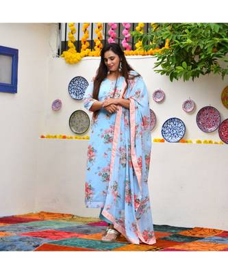 Deep Sky Blue Aloha Print Suit Set 1