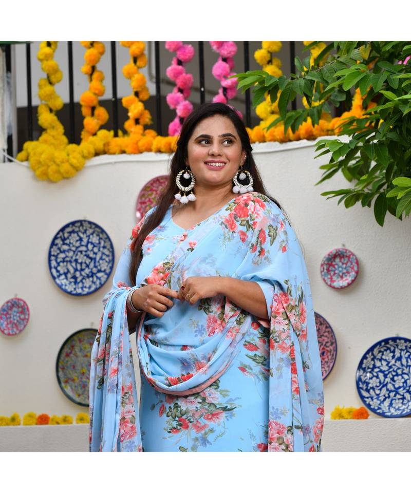 Deep Sky Blue Aloha Print Suit Set