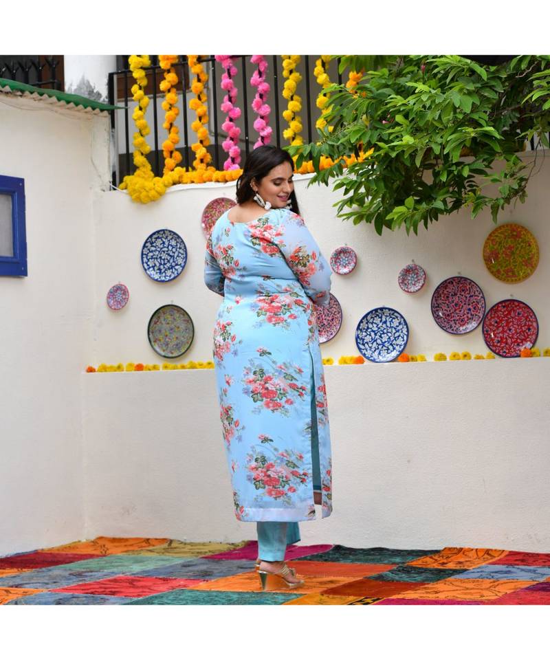 Deep Sky Blue Aloha Print Suit Set