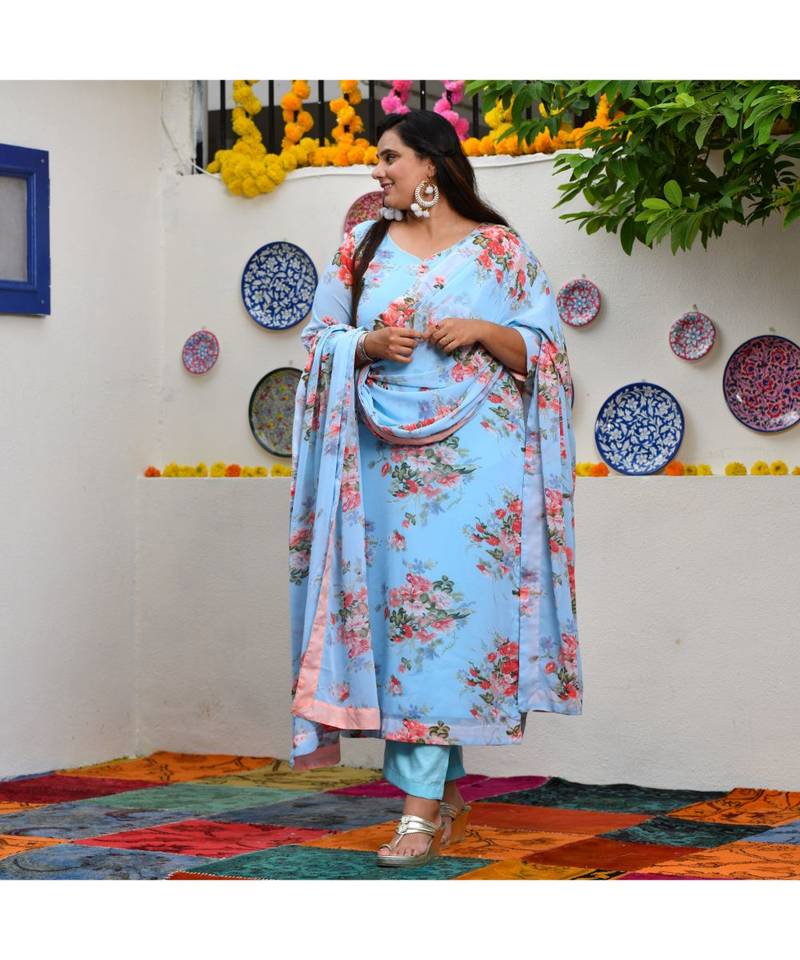 Deep Sky Blue Aloha Print Suit Set