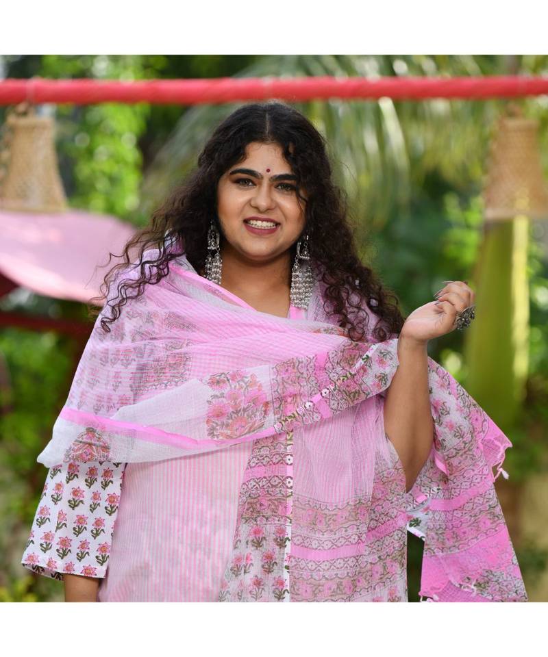 Carnation Pink Jaipuri Handblock Suit Set