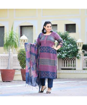 Orchid Blue Handblock Printed Chanderi Suit Set 1