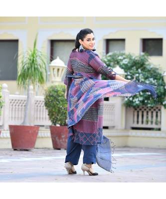 Orchid Blue Handblock Printed Chanderi Suit Set 2