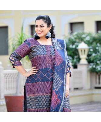 Orchid Blue Handblock Printed Chanderi Suit Set 3