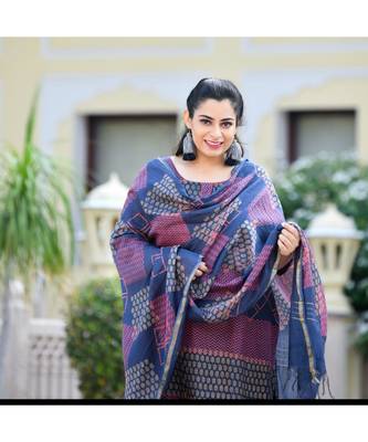 Orchid Blue Handblock Printed Chanderi Suit Set 5