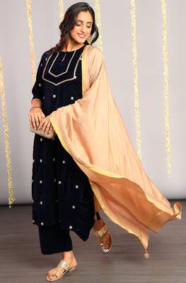Navy-blue embroidered velvet salwar 1