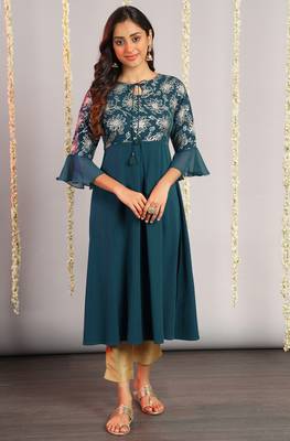 Teal printed crepe kurtas-and-kurtis 1