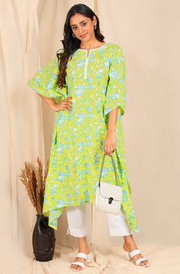 Yellow printed cotton kurtas-and-kurtis 1
