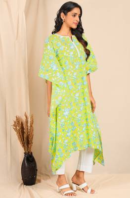 Yellow printed cotton kurtas-and-kurtis 3