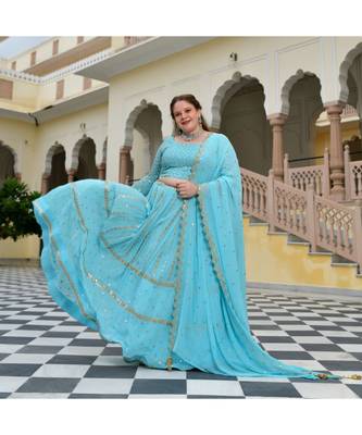 Aquamarine Blue Mirror Work Lehenga Set 2