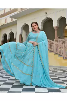 Aquamarine Blue Mirror Work Lehenga Set