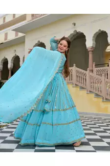 Aquamarine Blue Mirror Work Lehenga Set