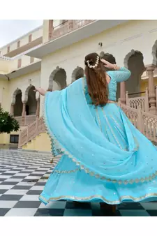 Aquamarine Blue Mirror Work Lehenga Set