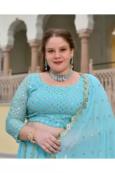 Aquamarine Blue Mirror Work Lehenga Set