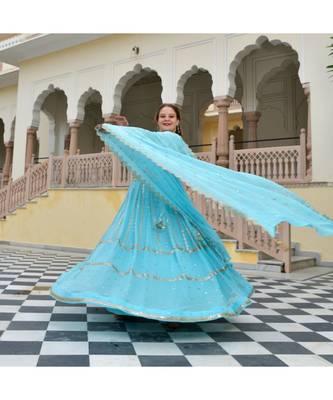 Aquamarine Blue Mirror Work Lehenga Set 6