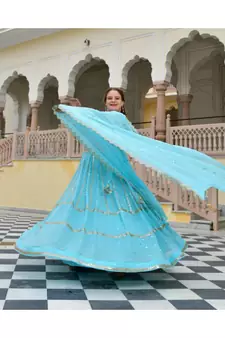 Aquamarine Blue Mirror Work Lehenga Set