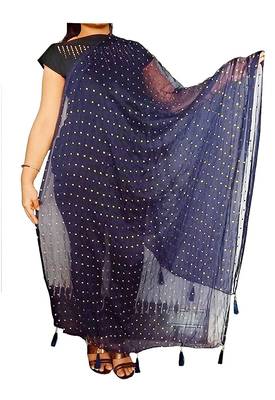 Navy Blue Chiffon Due Drop Foil Chunnis & DupattasDupatta (2.25 Meter) 1