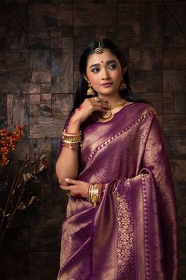  PURPLE Bridal Semi Faux Kanchipuram Silk blend Saree 2