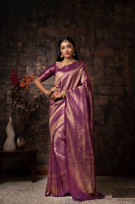  PURPLE Bridal Semi Faux Kanchipuram Silk blend Saree 1