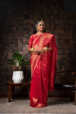 PINK Bridal Faux Kanchipuram WOVEN SILK BLEND Saree 1