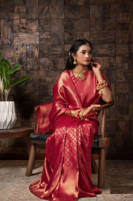 MARRON Bridal Faux Kanchipuram WOVEN SILK BLEND Saree 2