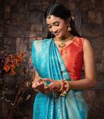 SKY BLUE Bridal Faux Kanchipuram WOVEN SILK BLEND Saree