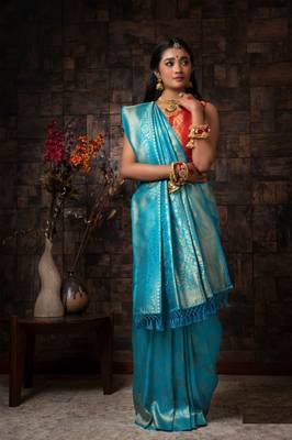 SKY BLUE Bridal Faux Kanchipuram WOVEN SILK BLEND Saree 2