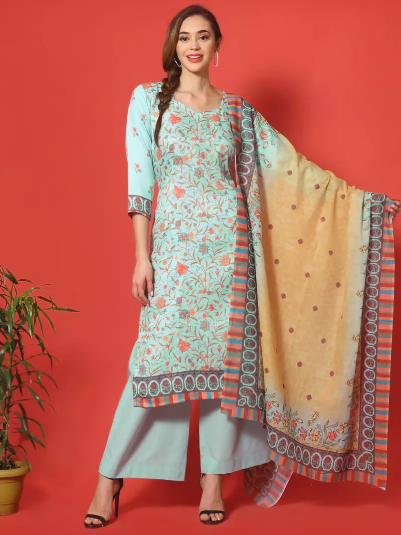 Turquoise digital print cotton salwar