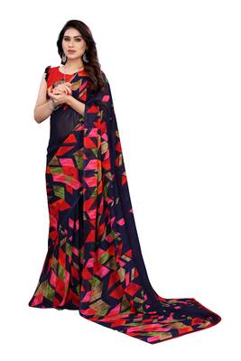 Navy blue printed georgette saree with blouse 1