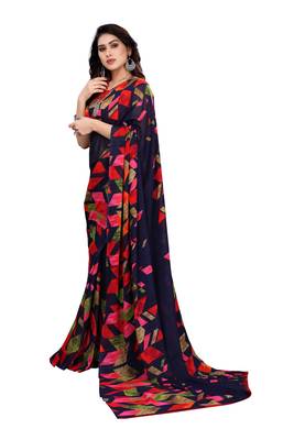 Navy blue printed georgette saree with blouse 2