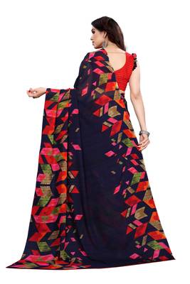 Navy blue printed georgette saree with blouse 3