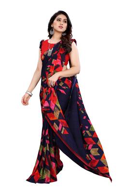 Navy blue printed georgette saree with blouse 4