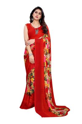Red printed georgette saree with blouse 1
