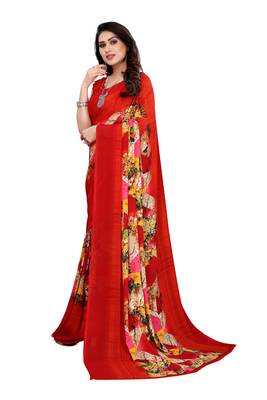 Red printed georgette saree with blouse 2